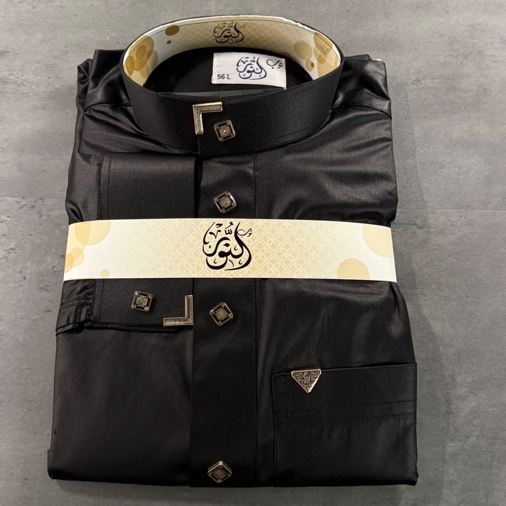 Al Daffah Shiaka Thobe Men 56 L Traditional Robe Black Metallic Hardware NEW